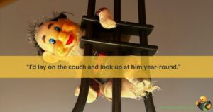 A climbing puppet overlayed with a quote about holiday traditions
