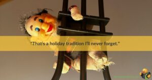 A climbing puppet overlayed with a quote about reflection