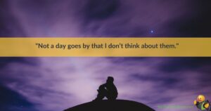 Sillouetted person looking at the purple sky, with a quote about grief overlayed
