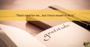A notebook with the word gratitude in it, overlayed with a quote about motivation