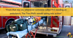 An emergency vehicle with text overlayed, describing Phil's EMT experiences