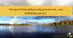 A rainbow above a lake, with a quote about helping others
