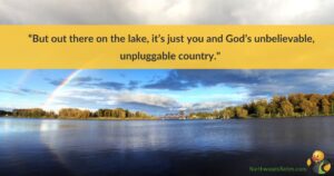 A rainbow above a lake, with a quote about the beauty of nature