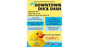 A yellow and blue flyer for the downtown duck dash
