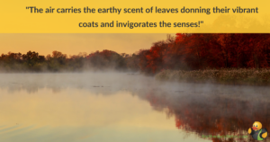 An image of a misty lake and fall foliage.  Across the top are the words 