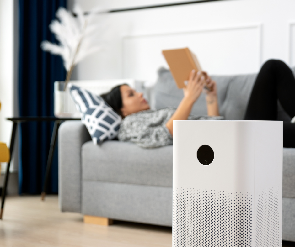 air scrubber in living room with woman reading behind it