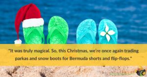 2 pairs of flip-flops propped up on a beach. One of the flip-flops has a mini Santa hat on it. Across the bottom are the words 