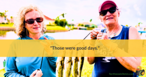 Two women holding up the fish they've caught, with a quote about nostalgia