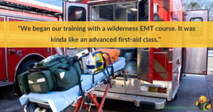 An emergency vehicle with text overlayed, describing one's experience with an EMT course