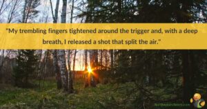 An image of the woods at sunset. Across the top are the words 