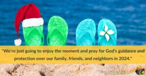 2 pairs of flip-flops propped up on a beach. One of the flip-flops has a mini Santa hat on it. Across the bottom are the words 