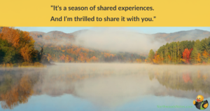 A misty lake surrounded but fall foliage. Across the top are the words 