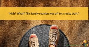 Image of a person's shoes taken from the top.  Across the top are the words 