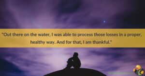 Sillouetted person looking at the purple sky, with a quote about grief overlayed