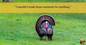 A turkey walking in the grass. Across the top are the words 