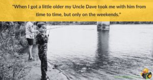 2 people standing at the edge of a lake fishing. Across the top are the words 