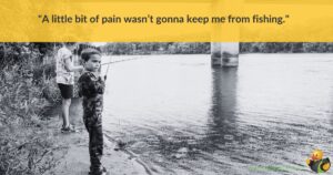 2 people standing at the edge of a lake fishing. Across the top are the words 