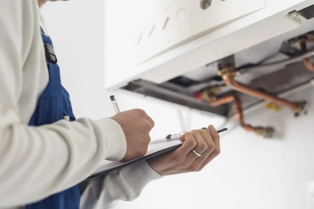 technician in front of boiler with a clipboard